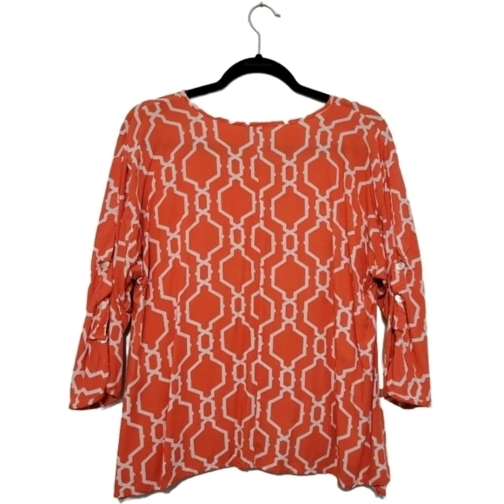 Escapada Orange & White Geometric Print Shirt Blouse Women's Size Medium Coastal